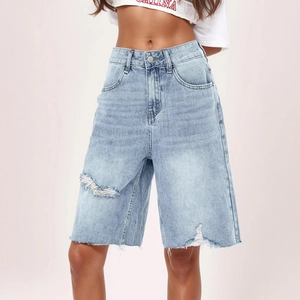 Women High Waist Ripped Denim Bermuda Shorts Distressed Frayed Hem Cotton Washed Blue Retro Streetwear Casual Jean Shorts