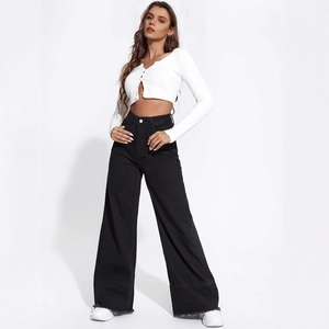 Women High Waist Wide Leg Jeans Patchwork Frayed Hem Denim Pants Loose Fit American Style Urban Casual Long Trousers Black