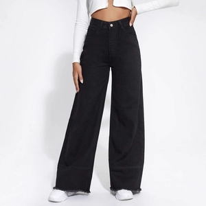 High-waisted black wide-leg denim jeans with raw hem and loose American style fit
