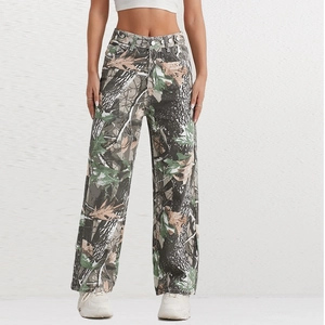 Pantalon femme à taille haute et jambe large avec imprimé camouflage forêt