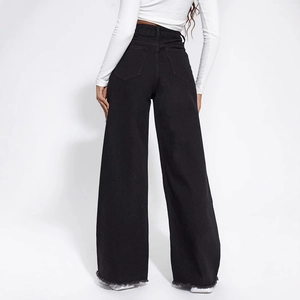 Women high waist wide leg black jeans with frayed hem design seen from the back view