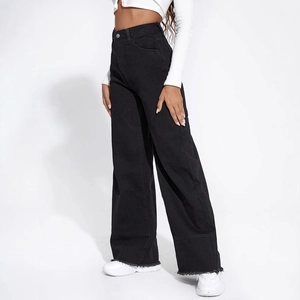 Women's high waist wide leg black denim jeans with raw hem and straight loose fit