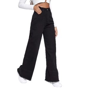 High waist black wide leg denim jeans with raw hem and loose fit for women