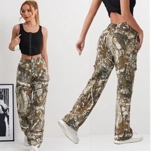 Women high waist camouflage cargo pants with wide leg pockets in forest leaf print style