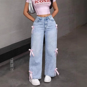 Jeans Femme Taille Haute Jambe Large Pantalon en Denim Lavé Avec Décoration de Nœud Streetwear Fashion Baggy