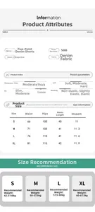 Detailed size chart for high waist loose denim shorts including waist and hip measurements