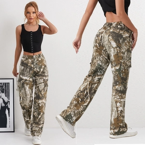 Women's High Waist Camouflage Straight Leg Cargo Jeans Cotton Regenerated Cellulose Fiber Tree Print Multi Pocket Trousers