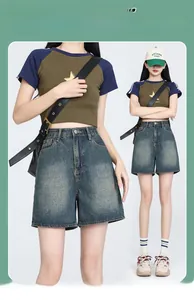 Macro view of retro washed high-waist denim shorts with vintage faded finish and wide-leg cut