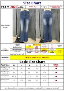 Detailed size guide with measurements for blue flare patchwork denim jeans for women