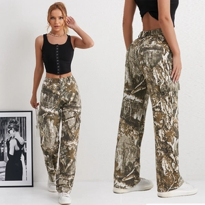 Women high waist camouflage cargo pants with wide leg and multi-pocket jungle tree print