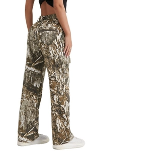 Women high waist camouflage cargo pants with realistic tree bark print and side pockets