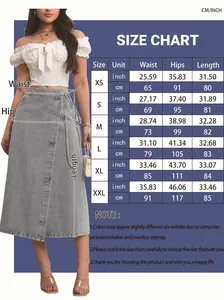 Tableau des tailles détaillé pour jupe midi en jean élégante avec mesures de taille et hanche