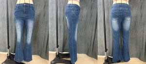 Front side and back views of high waist flare jeans with washed details and metal rivets