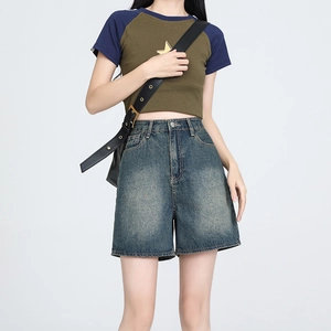 Women High Waisted Denim Shorts Wide Leg Distressed Vintage Washed Raw Hem Five-Point Cotton Shorts Casual Streetwear