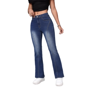 Stretch flare jeans with wash effect, curved seams and metal rivet details in dark blue
