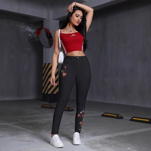 Jean Skinny Taille Haute à Broderie Florale pour Femmes Pantalon en Denim Extensible Sexy Slim Fit Pantalon Long Style Urbain