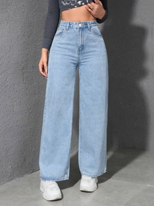 Détail du jean taille haute bleu clair à jambe large avec texture denim vintage rétro
