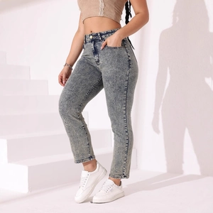 Jean Taille Haute pour Femme Délavage à l'Acide Coupe Droite Ajustée Pantalon en Denim Vintage Vieilli Lavage Neige