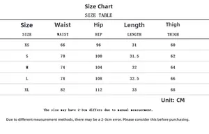 Detailed size chart for women denim shorts from XS to XL with CM measurements