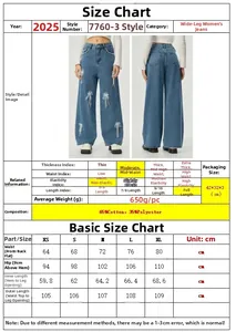 Größentabelle für weite Jeanshose mit Schmetterlingsdekor und Maßangaben in cm
