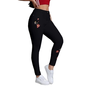 Jean skinny noir taille haute pour femme avec broderies florales colorées et effet lift