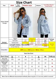Detailed size chart for women's distressed denim jacket with measurements and fabric specs
