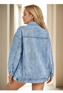 Oversized acid wash light blue denim jacket with vintage snow texture and back seams