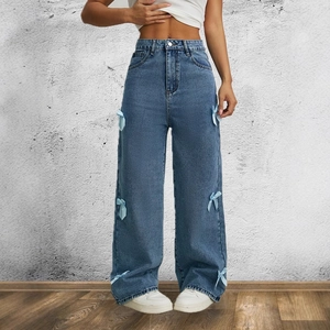 Jeans Donna Vita Alta Gamba Larga Con Fiocco Decorativo Misto Cotone Lavato Distressed Pantaloni Denim Dritti Streetwear