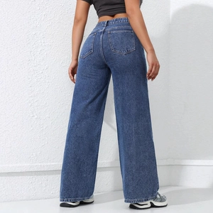 Jeans blu scuro da donna a gamba larga, vita alta con tasche posteriori, vista posteriore