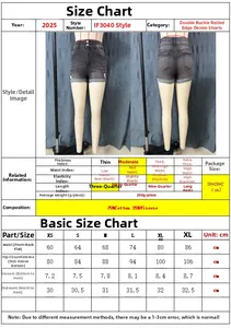 Detailed size guide for dark grey low-waist denim shorts with stretch measurements