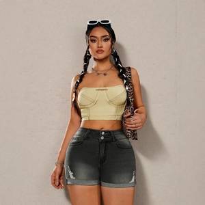 Women's dark gray low rise denim shorts with folded hem and distressed ripped details