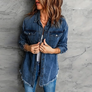 Women Vintage Loose Denim Jacket Fringed Raw Hem Wash Long Sleeve Jean Shirt Outerwear Casual Streetwear Top