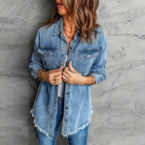 Retro loose light blue denim shirt jacket with distressed fringe hem for women