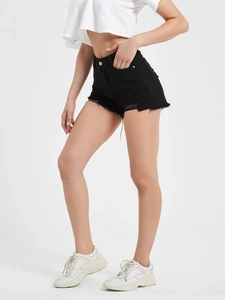 Women High Waist Distressed Denim Shorts Frayed Raw Hem Ripped Jean Hot Pants Summer Streetwear Casual Bottoms Black White