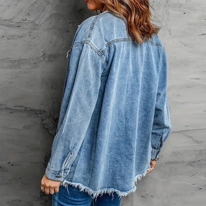 Loose fit light blue washed denim shirt jacket with fringe hem and oversized silhouette