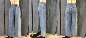 Vues détaillées du jean large taille haute bleu clair avec finition denim délavé