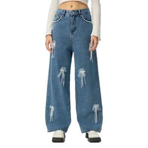 Dunkelblaue Wide-Leg-Jeans mit hoher Taille, Mesh-Schleifen und Perlenketten-Details