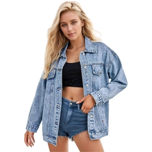 Women's oversized light blue denim jacket with classic collar and front pockets
