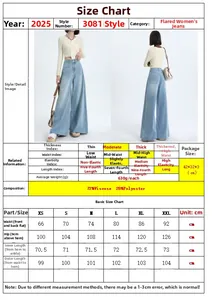Size chart for high-waisted flare jeans with detailed measurements from XS to XXL