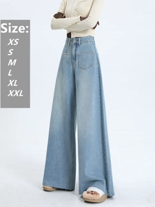 Detail view of high waist wide-leg jeans in light blue wash with front square pockets