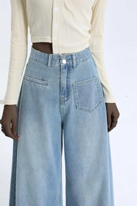 Detail of high waist light blue wide leg jeans with utility cargo pocket and metal button