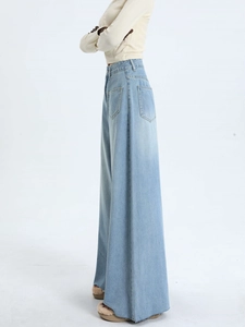 Side view of light blue high-waisted wide-leg jeans with functional side pockets