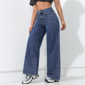 Jeans décontracté taille haute à jambes larges en denim bleu foncé avec coupe droite