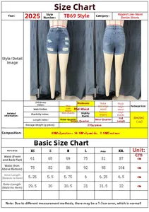 Size chart for distressed low-rise denim shorts showing measurements from XS to XXL