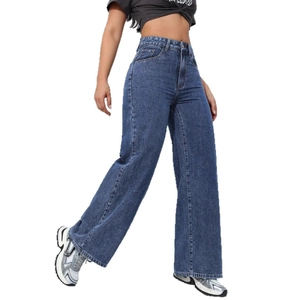 Jean femme taille haute à jambes larges en denim bleu foncé délavé avec coupe décontractée