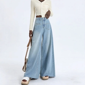Women's Retro High Waist Wide Leg Jeans Washed Blue Denim Pants With Raw Hem Loose Streetwear Casual Fashion Trouser