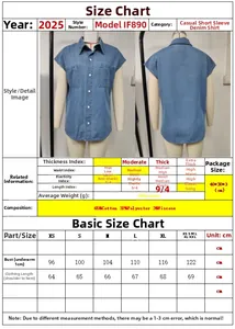 Size chart for casual denim batwing sleeve shirt showing fabric specs and measurements