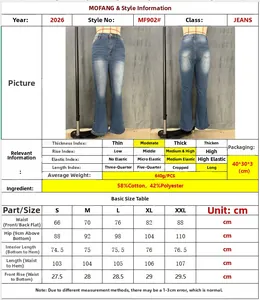 Size chart for high-waisted flared jeans in centimeters with detailed measurements