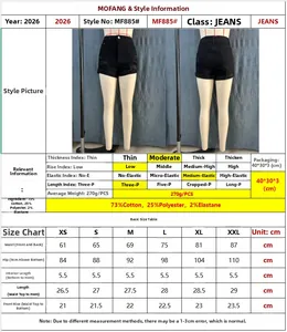 Size chart detail for black denim shorts with waist and hip measurements in cm