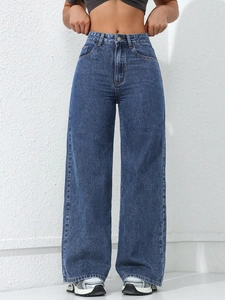 Jean bleu foncé taille haute à jambes larges avec délavage vintage pour affiner la silhouette